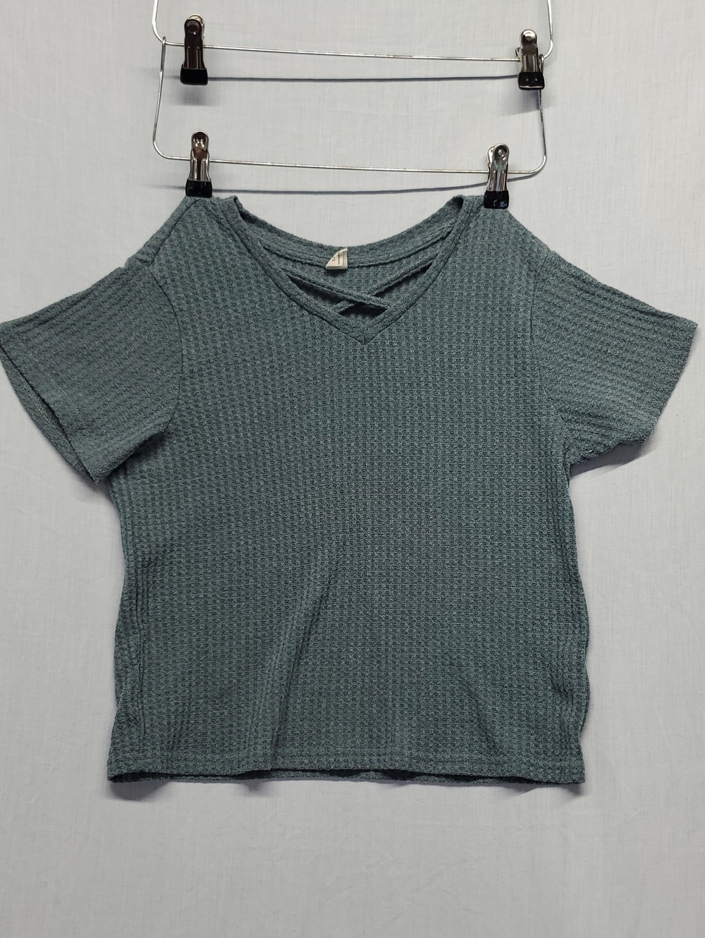 SHEIN Sage Green Waffle Knit Crisscross V-Neck Short Sleeve Top